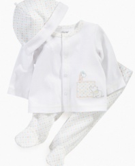 They'll be precious and picture perfect in this sweet shirt, footed pant and beanie 3-piece set from Little Me.