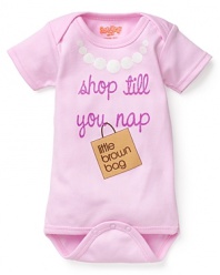 An adorable short sleeve romper with Shop till you Nap and Little Brown Bag graphic printed on front.