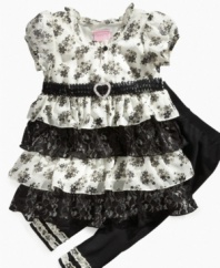 Layer her in lace. Fun floaty ruffle layers on this tunic and leggings set from Nannette give her sweet style.
