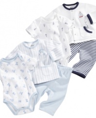 He'll stay comfortable all day long in this three-piece set from Little Me. The bodysuit and pants are perfect for sunny days and the long-sleeved shirt is a perfect piece to take this outfit into the nighttime too.