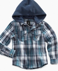 The perfect find for fall, this DC Shoes button-down shirt has an attached hood to keep him warm when he's hanging out on a cool autumn evening.