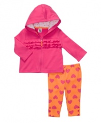 Brighten up her wardrobe as much as she brightens your day with this bold two-piece set from Carters. Leggings have an elastic waist for convenience and the hoodie is detailed with a tiered ruffle for that extra something special.
