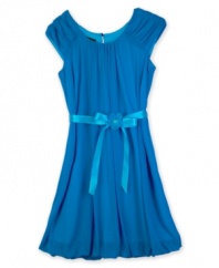 Lovely looks. Ruched sleeves and a cute ribbon belt make this lightweight dress from BCX the perfect outfit for her.