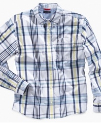 Keep his look in line. He'll clean up fantastically with this crisp plaid shirt from Tommy Hilfiger.