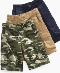 Pack it up and ship him off. He'll have access to everything he needs thanks to these handy cargo shorts from Greendog.