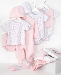 Start her off with this sugary sweet 22-piece set from Kyle & Deena for essentials that up the fabulous factor. Included: 1 footed coverall; 1 diaper cover; 3 pairs of socks; 2 caps; 1 hooded towel; 2 short-sleeved bodysuits; 2 bibs; 2 pairs of mittens; 1 short-sleeved tee; 6 washcloths and 1 pair of booties.