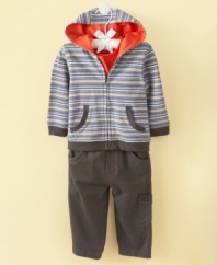Regardless of if he's on the run or taking a nap, he'll be cozy and styling all at once in this three piece shirt, hoodie and pant set from First Impressions.