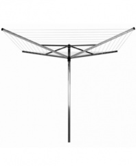 Hang it out to dry! Create the perfect laundry space in your backyard with this durable and stable drying rack. A unique, adjustable umbrella-like opening is made from weather-resistant materials and still rotates smoothly even when fully loaded with wet clothes. 5-year warranty.