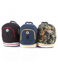Old-school style. Send him back to class with the timeless cool of these Converse Chuck-patch backpacks.