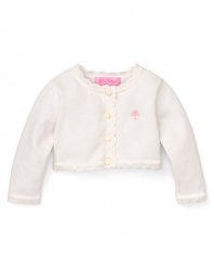 Complete her cute, classic style with this picture-perfect cardigan from Lily Pulitzer. The cropped hem, scalloped trim and embroidered add just the right touch.