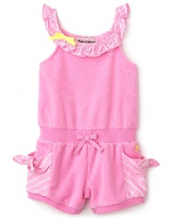 In the softest cotton terry, Juicy Couture's ruffle-trimmed romper boasts sweet bow details and striped jersey trim.