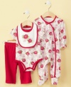 She'll be as pretty as a bouquet of roses in this lovely four-piece set from First Impressions. Matching separates make it easy for her to keep her flower power when she goes from day to night. Includes: 1 bib; 1 short-sleeved bodysuit; 1 footed coverall and 1 pair of pants.