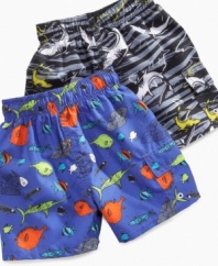 Under the sea. Get your little guppy's toes wet with a pair of these darling swim trunks from Mick Mack.