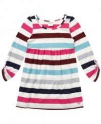 Sweet candy stripes. The cute colors on these 3/4-sleeve dresses from Roxy give her a snuggly, summery look.