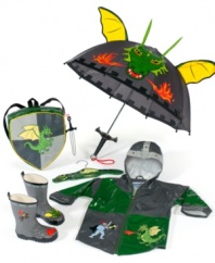 Every knight needs a crest, so give him his colors with this Dragon Knight raincoat. Featuring the brave knight fighting a ferocious dragon, he can pull on this coat to fight the wind and brave the rain. Helmet details on the hood add an extra element of toughness. Includes a matching hanger. Check out the Dragon Knight Rain Boots and Umbrella.