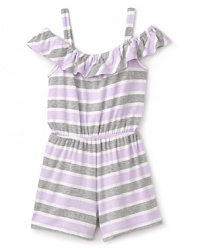 So easy to run, jump and play in, this adorable romper features jaunty stripes in a trio of colors and a pretty ruffled scoop neck.