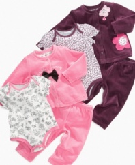 Keep your little miss looking put together with one of these adorably fun bodysuit, jacket and pant 3-piece sets from First Impressions.