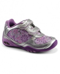 Add some sugar and spice to her assortment with this sparkly athletic sneaker. A hook-and-loop closure allows for easy on/off, while deep flex grooves on the outsole provide flexibility and mesh linings keep her cool as she moves and turns. Plus, your little princess will love how her feet come to life with fun lighted technology in the heel.