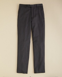 With a center crease and tab button closure, this flat-front pant is a classic go-to piece for his dressier wardrobe.