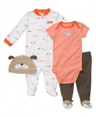 A boys best friend. Everyone will know how much he loves pups no matter which one of these pieces from Carter's he's wearing. Set includes bodysuit, footed coverall, footed leggings and beanie.