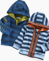 Turn his style up a notch with this comfy striped hoodie from First Impressions.