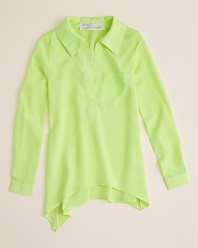 Juicy Couture updates the classic shirting style in bold neon, adding a button-less v neck, a light chiffon material and a trendy high-low hem.