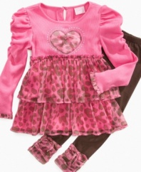 Layer her in lace. Fun floaty ruffle layers on this tunic and leggings set from Nannette give her sweet style.