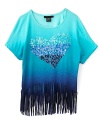 Flowers By Zoe Girls' Sequin Heart & Fringe Ombre Top - Sizes S-XL