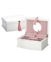 A twirling ballerina presides over this charming jewelry box, a treat for young collectors. Try on your favorite baubles in the oval mirror as she pirouettes to Nutcracker Suite. Removable tray makes organization a snap while soft pink lining adds a sweet, feminine touch.