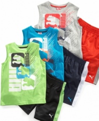 Run, run as fast as he can. Get your little athlete in gear with this sporty muscle-shirt and short set from Puma.