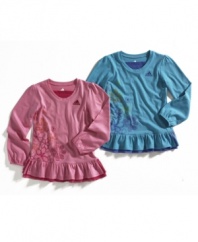 Everybody jump. She can do a little dance in one of these tunics from adidas, with fun ruffles and a layered tee effect.