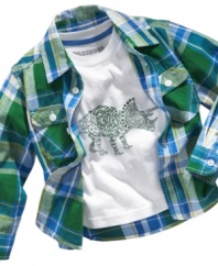 He'll love mixing current style with a nod to history in this graphic tee and plaid shirt set from Greendog.