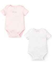 Classic bodysuits rendered in the softest cotton, with elephant and polka dot embroidery, respectively.