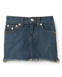 This faded, mildly distressed cut-off jean skirt from True Religion gives her a relaxed, worn-in style she'll love to wear.