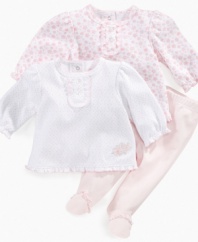 Keep her style options open with this sweet 3-piece floral shirt, polka-dot shirt and legging set from Little Me.