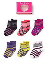 Arriving in a sweet heart box, this giftable socks set contains six pairs of different color stripe socks, each marked with a day of the week.