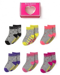 Arriving in a sweet heart box, this giftable socks set contains six pairs of different color polkadot socks, each with contrast color blocks at the heel, toe and ankle.