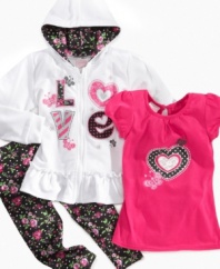 A lot of love to go around. She'll be bursting with cuteness and cuddles in this darling shirt, hoodie and pant 3-piece set from Nannette.