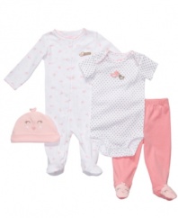 Keep her cute and cozy no matter where she's nesting in this darling bird-themed 4-piece bodysuit, pant, coverall and hat set from Carter's.