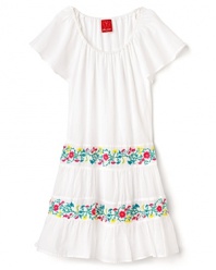 Your country cutie will be plum tickled in this flowing peasant dress, rendered with soft pleats and floral trim.