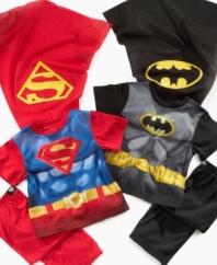 He'll have the power to fight off any bad guys in his dreams with this darling super hero shirt, pants and cape sleepwear set from AME.
