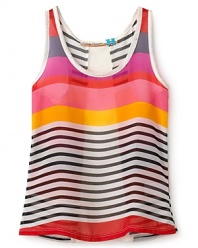 Her lighter-than-air summer look is the striped chiffon tank top, contrasted with a solid back panel.