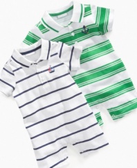 Prep him for fun with one of these sweet polo rompers from First Impressions.