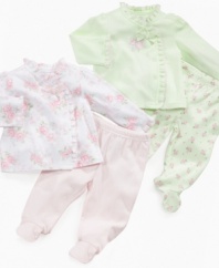 Keep her looking as sweet as her personality is in one of these lovely, ruffly shirt and pant sets from First Impressions.