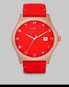 This warm and bold style features a brushed case and supple leather strap. Quartz movementWater resistant to 5 ATMRound rose goldtone brushed stainless steel case, 43mm (1.7)Brushed bezelCoral dialLogo hour markersDate display at 3 o'clockSecond hand Semi-shiny coral colored leather strapImported 
