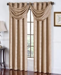 A repeating motif of structured medallions cascade over a soft and shimmering fabric in the Mosaic window valance from Regal. Combine this waterfall valance with a coordinating grommeted panel to achieve a stately and graceful look.