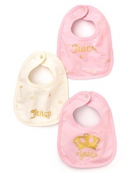 A sweet set of three soft bibs, each with a different Juicy logo.