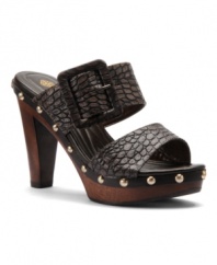 Slithering style: The Madra sandals by Isola boast fashion you can sink your teeth into. With a chunky heel, stud detail and allover snake print.