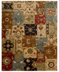 A series of floral patchwork designs in full detail create a gorgeous landscape for your floor in this Rajah area rug from Nourison. Hand tufted of pure New Zealand wool, it offers a supreme combination of supple softness, incredible warmth and enhanced durability.