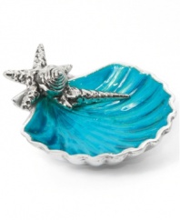 Seafood is always on the menu with the Coquilles tidbit plate from Star Home. Individually sculpted and finished by hand with starfish and aqua accents, it lends whimsical charm to seaside homes.